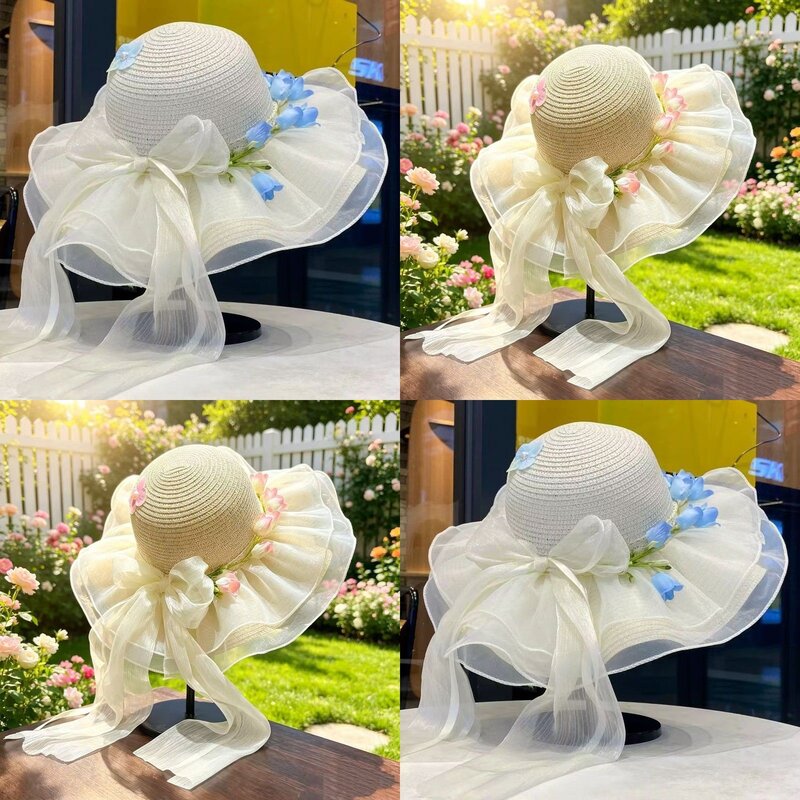 法式蕾丝花边显瘦草帽夏季风铃花草帽海边沙滩度假风女士帽子