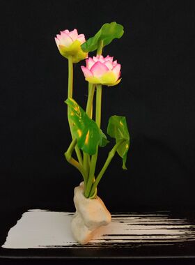 高档酒店寿司盘花盘饰新款复古新中式仿真石头荷花假花装饰摆件