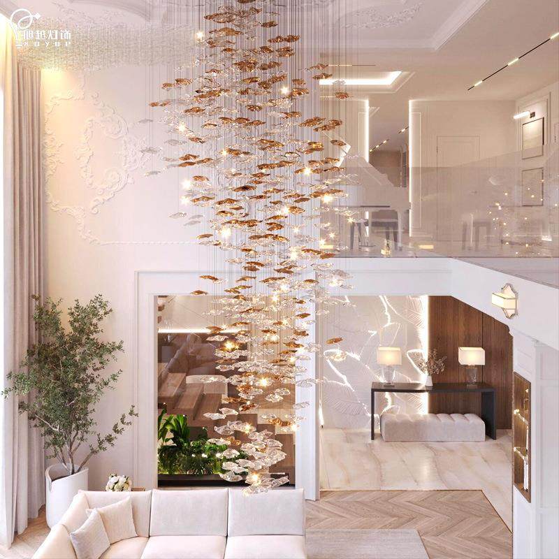 别墅复式楼大挑空客厅吊灯会所酒店大堂创意玻璃叶片楼梯灯长吊灯,家装灯饰光源,智能吊灯,淘宝优惠券,粉丝福利购,淘宝优惠卷