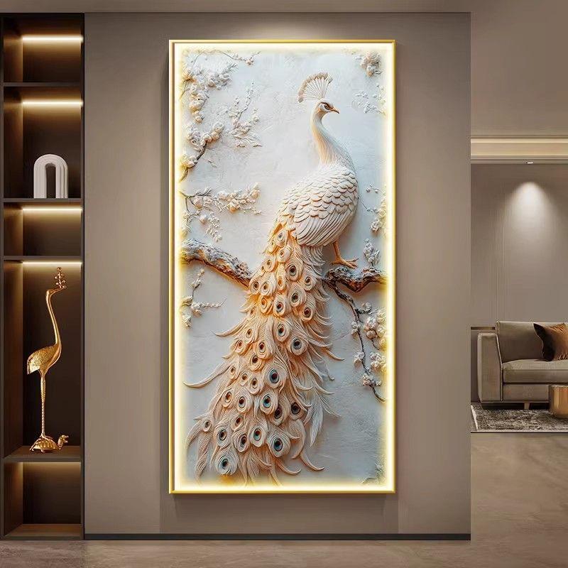 孔雀轻奢玄关装饰画浮雕立体高级感入户进门挂画走廊过道墙壁灯画