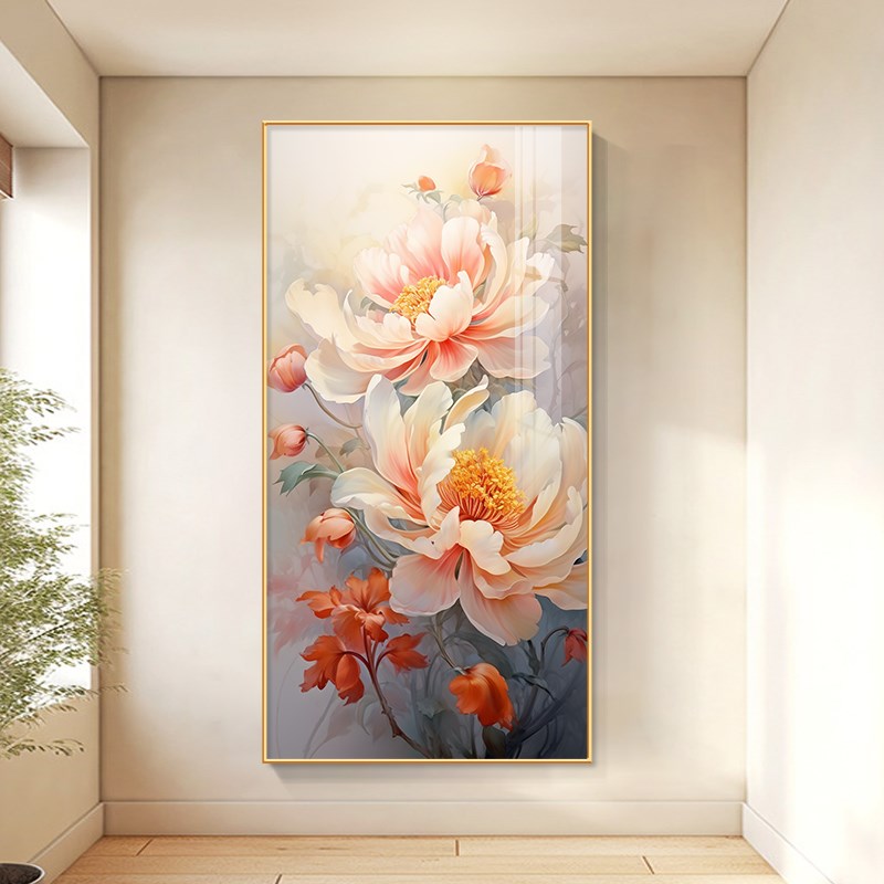 花开富贵玄d关装饰画牡丹花客厅入户走廊过道挂画现代高端晶瓷壁图片