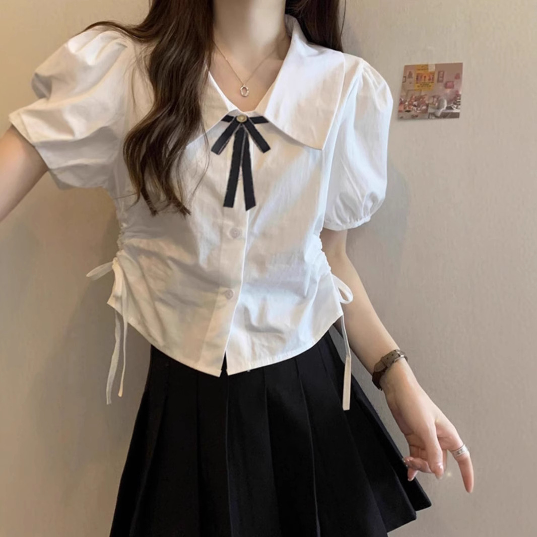 夏季新款短袖jk制服套装绑带白色衬衣学院风短款泡泡袖上衣衬衫女