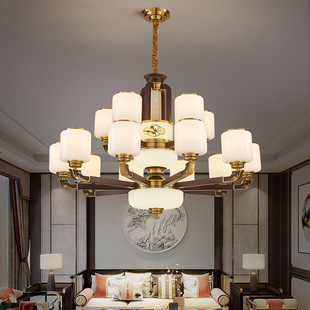 新中式别墅复式楼大吊灯全铜实木玻璃客厅中空跃层楼梯间长吊灯具