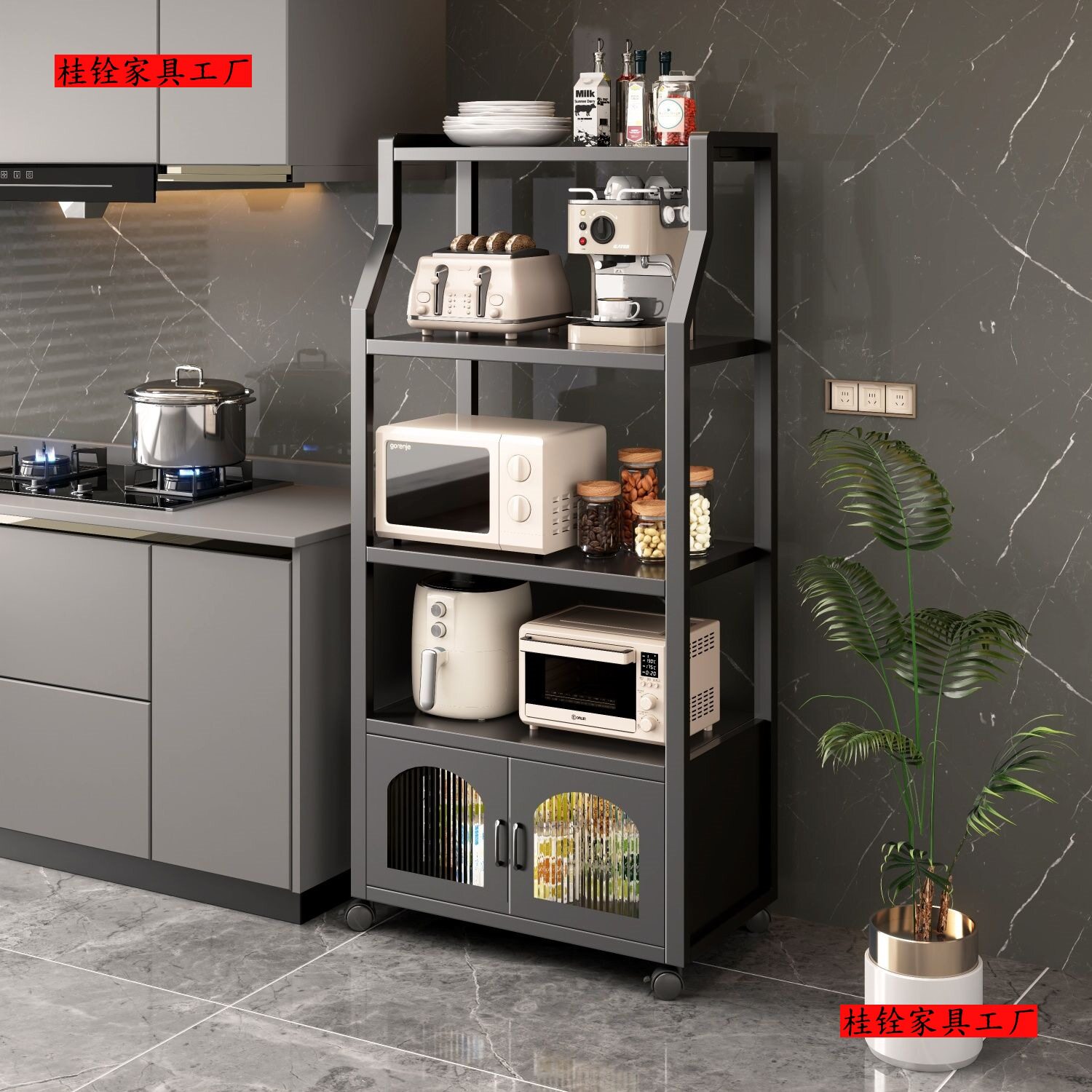 带轮落地透明柜门微波炉烤箱架