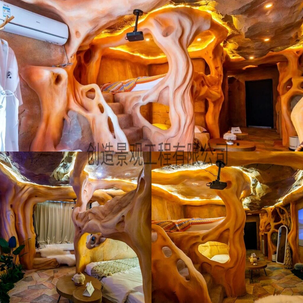 大型水泥假山门头树干民宿造