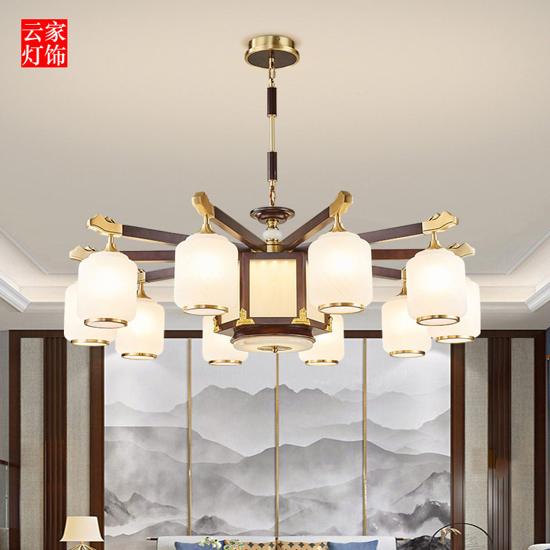 中国风现代乌檀木铜吊灯新中式餐厅客厅灯别墅楼梯复式楼实木大吊