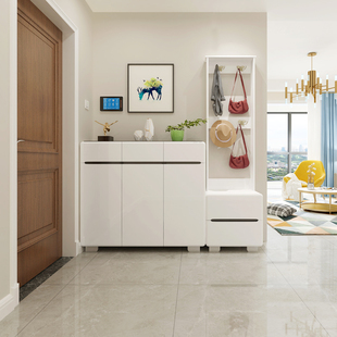 7W进门鞋柜家用门口烤漆白色简约现代大容量可坐式换鞋凳挂衣架一