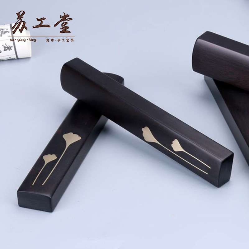 毛笔书法镇纸用品文房四宝檀木镶铜荷叶镇尺实木绘画国画宣纸压条