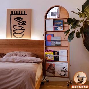 复古落地镜全身镜家用创意杂志书报置物架中古可移动实木试穿衣镜