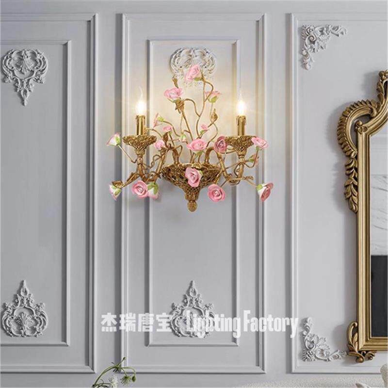 法式田园全铜壁灯欧式客厅卧室复古脱蜡铜陶瓷花别墅创意