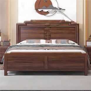 新中式乌金木实木床主卧轻奢1.8米双人床现代简约储物婚床