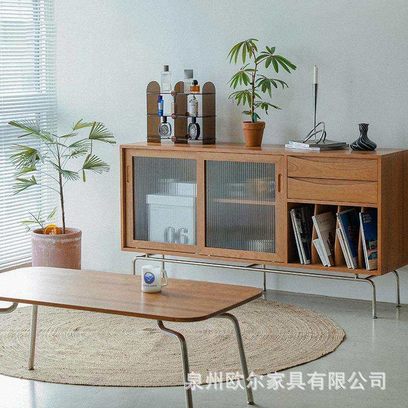 北欧不锈钢腿餐边柜中古客厅收纳展示柜靠墙实木多功能书柜茶水柜
