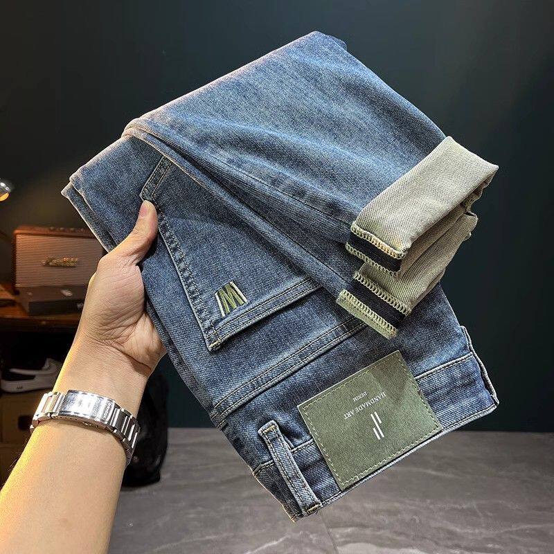 高端牛仔裤男夏季薄款2025新款修身小脚印花刺绣韩版潮流休闲长裤