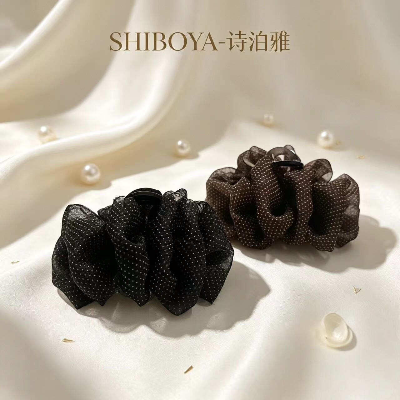 诗泊雅 韩式波点雪纺抓夹轻奢温柔褶皱蓬松泡芙云朵抓夹