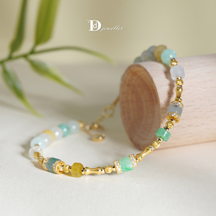 现货18k金天然缅料A货翡翠直切算盘珠手链荧光感 珠宝人DD