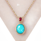 珠宝人DD 现货18k金镶嵌绿松石美松红色尖晶石吊坠高瓷高蓝