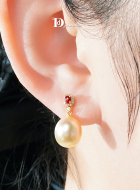 【珠宝人DD】现货18k金镶嵌红色尖晶石伴天然海水金珠耳饰套系
