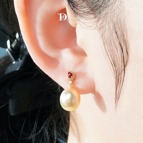 18k金红色尖晶石伴金珠吊坠耳饰