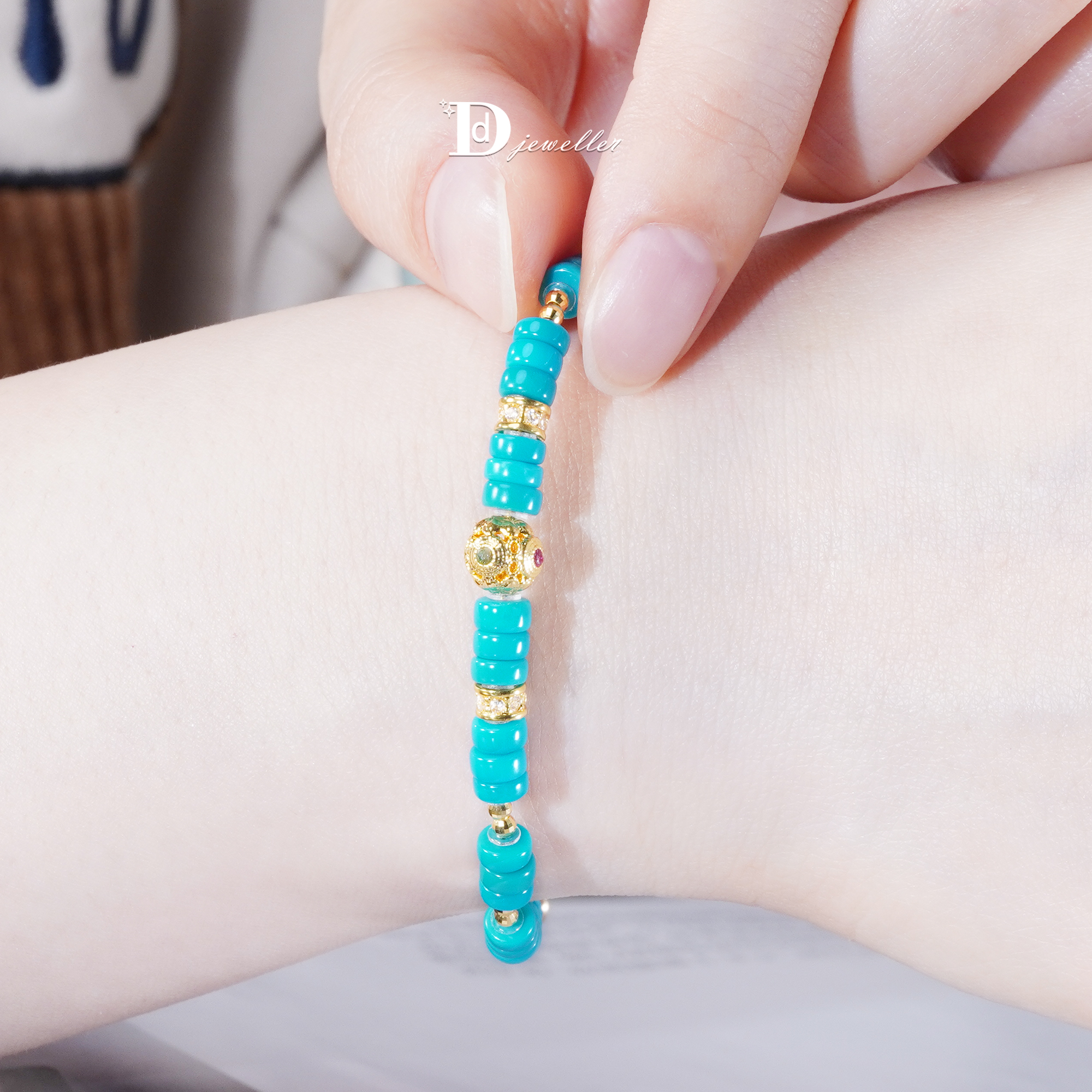 18k金睡美人绿松石高瓷高蓝手链