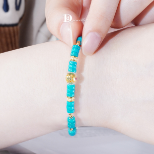 现货18k金镶嵌珐琅金球绿松石美松手链高瓷高蓝 珠宝人DD