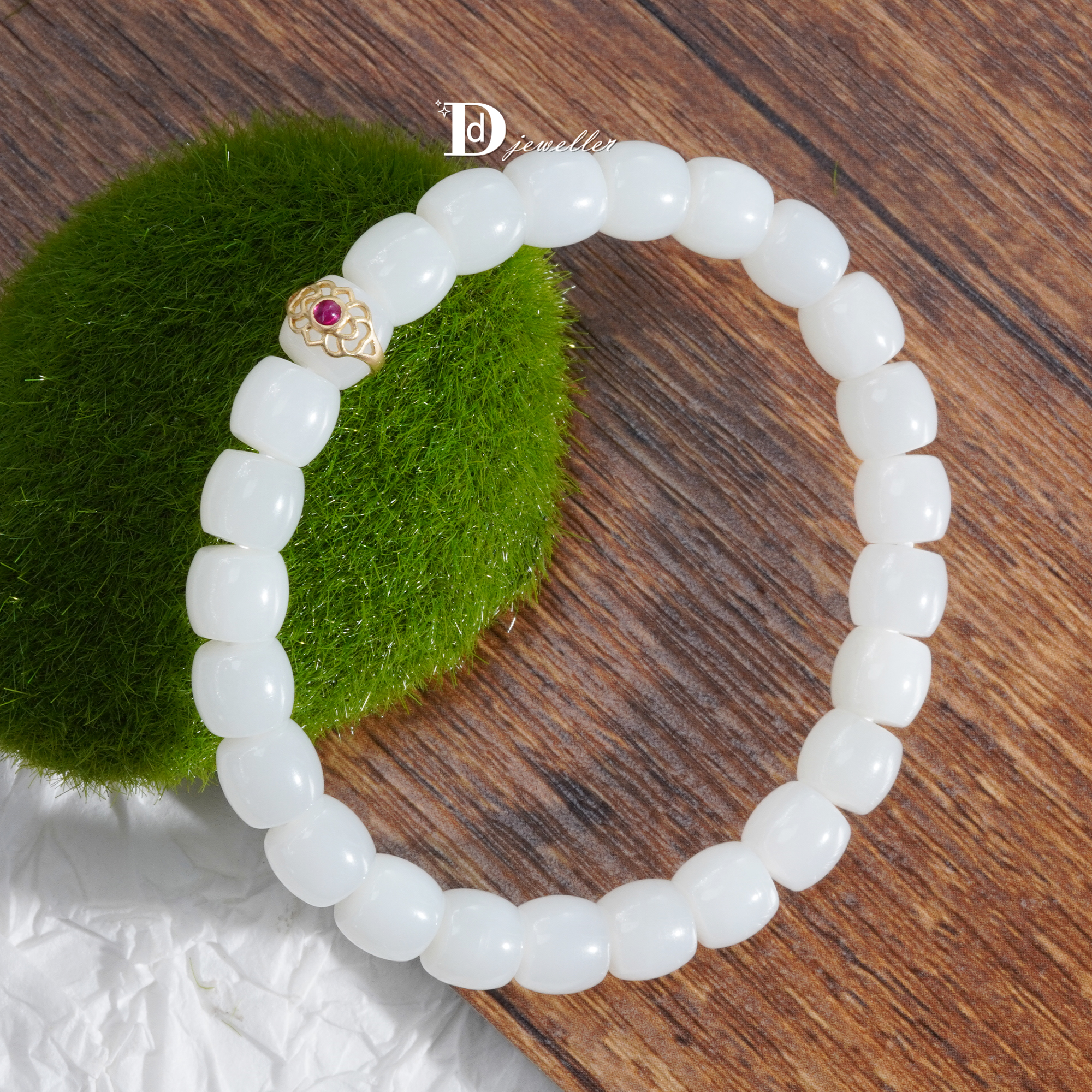 珠宝人DD18k金天然和田白玉手串镶嵌红宝石温润如玉百搭手串设计