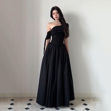 夏季黑色长款宴会ins超火简单大方的连衣裙女飘带长裙一字肩裙子
