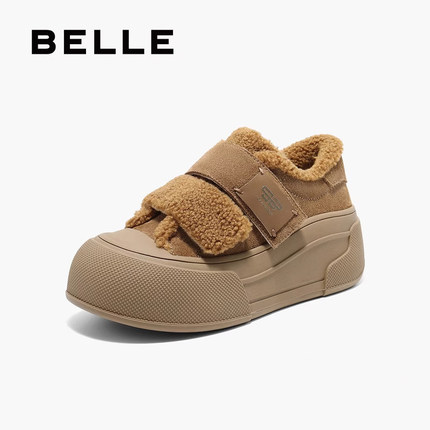 百丽专柜正品冬季加绒毛毛鞋女厚底保暖休闲板鞋魔术贴鞋B2490AM5