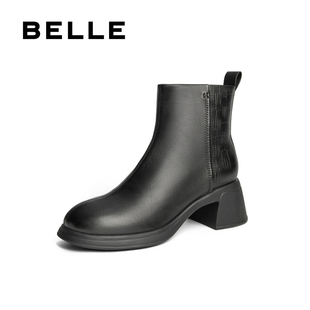 加绒粗高跟保暖靴子3A645DD4 气质小短靴冬季 百丽专柜正品 羊皮时尚