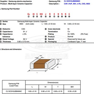 50V 精度5% 100只 0603 910J 91PF NPO 贴片电容 C0G