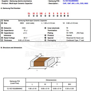 50V 精度5% 100只 0603 150J 15PF NPO 贴片电容 C0G