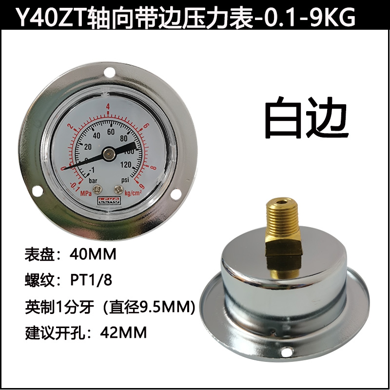 Y40ZT轴向带边面板式气压水压空压机专用压力表0-1MPA 螺纹PT1/8