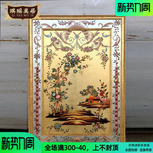 金箔客厅墙画背景墙竖版 欧式 手绘花卉玄关装 饰画法式 壁画沙发挂画