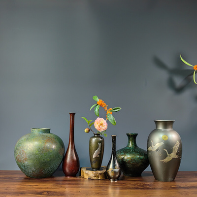 日本高冈铜器花瓶花器金银象嵌浮雕摆件复古客厅花道装饰包邮B