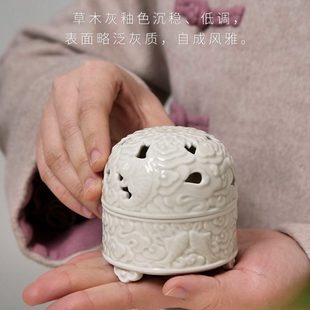创意香道带盖手绘小香炉浮雕香薰茶道配件越窑子家用青瓷香炉禅意