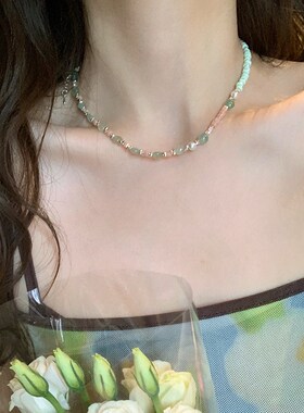 竹下听澜 夏季彩色多巴胺天然石珍珠串珠项链配饰女高级感锁骨链