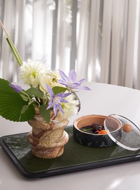 意式轻奢风茶几氛围感绿色马毛木质托盘长方形首饰W茶杯装饰盘摆