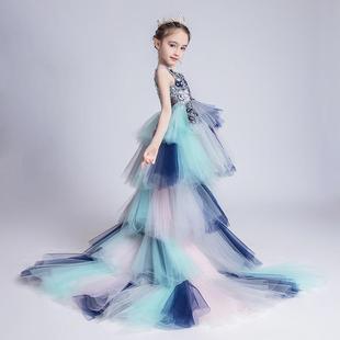 儿童轻奢高端拖尾礼服前短后长公主裙女童主持人模特Z走秀演出服