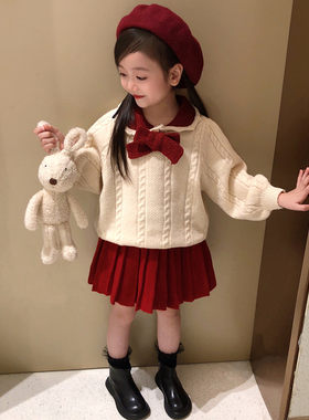 女童冬季裙子套装韩系新年网红炸街女宝儿童加厚R毛衣百褶裙两件