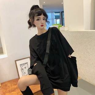 中长款长袖卫衣t恤女春秋2023大码胖mmK宽松破洞露肘下衣失踪上衣