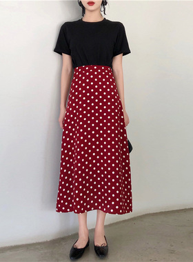 波点半身裙雪纺春夏胖nmm遮胯显瘦百褶高腰红色碎花复古a字 中长