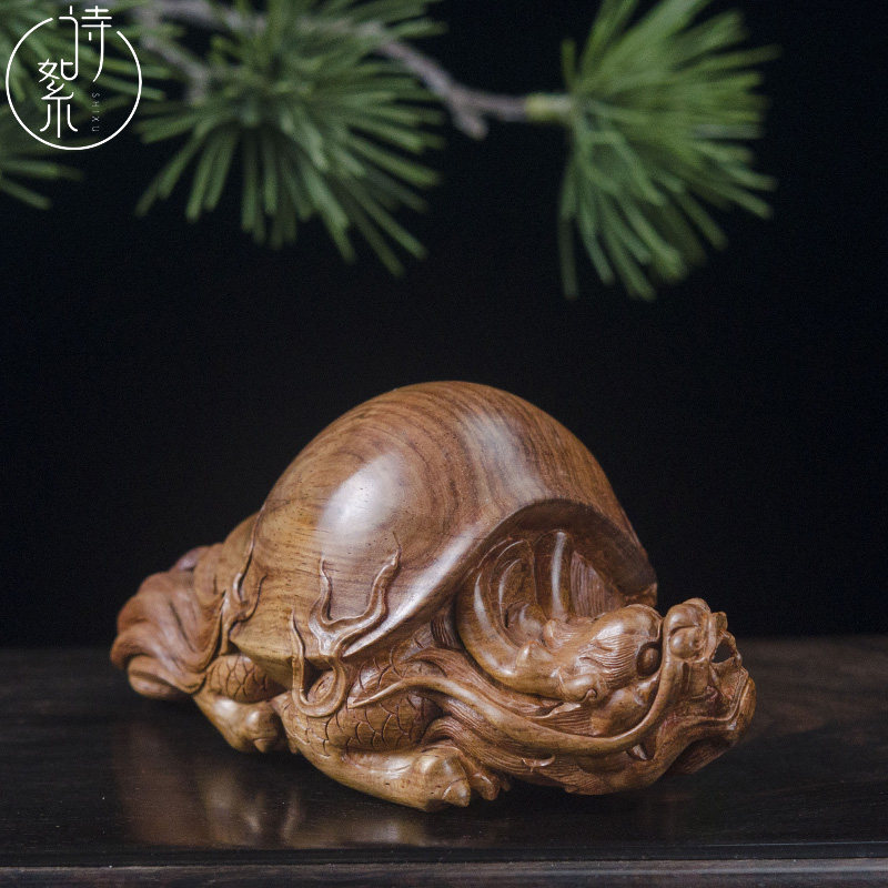海南黄花梨龙龟摆件老油梨手工雕刻玄关桌面玄武木雕男士盘玩把件