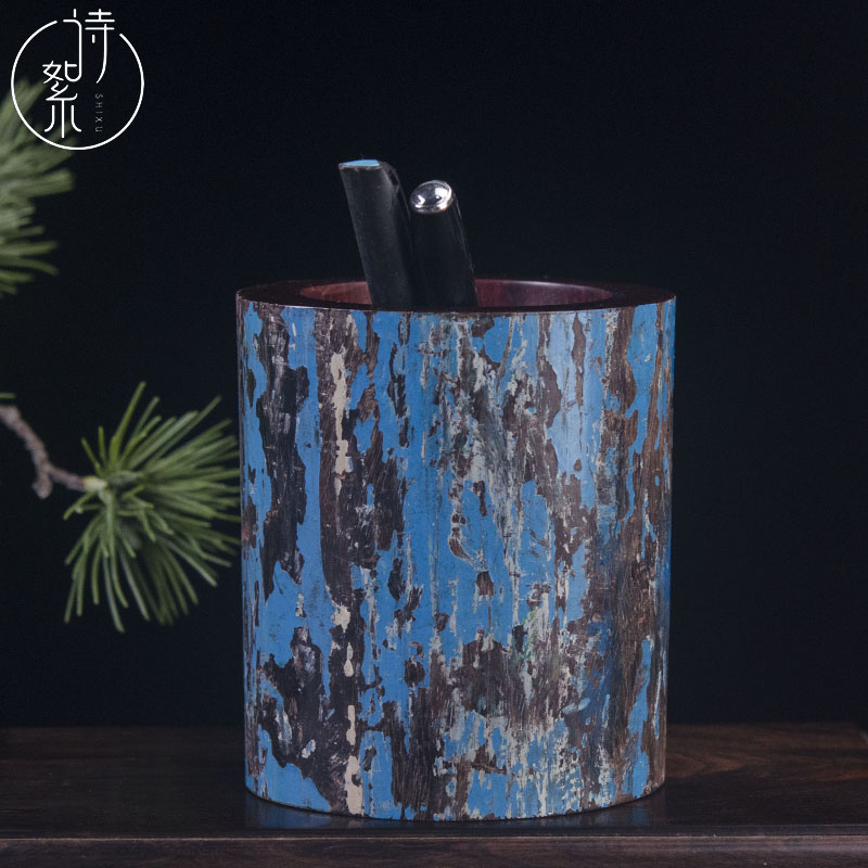 印度小叶紫檀拆房老料笔筒一木无修补老漆皮古韵文房笔筒禅意摆件