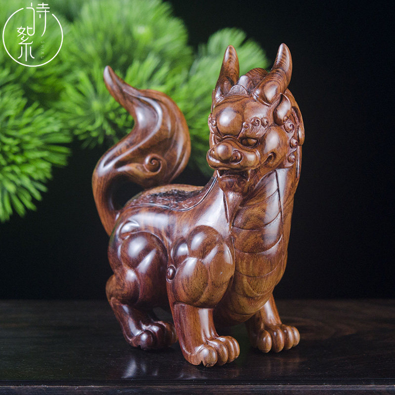 海南黄花梨狻猊摆件老料湘工雕刻吉祥客厅玄关木雕摆件收藏送礼