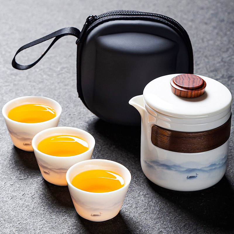 羊脂玉白瓷一壶三杯过滤内胆快客杯可携式旅行茶具套组户外喝茶器