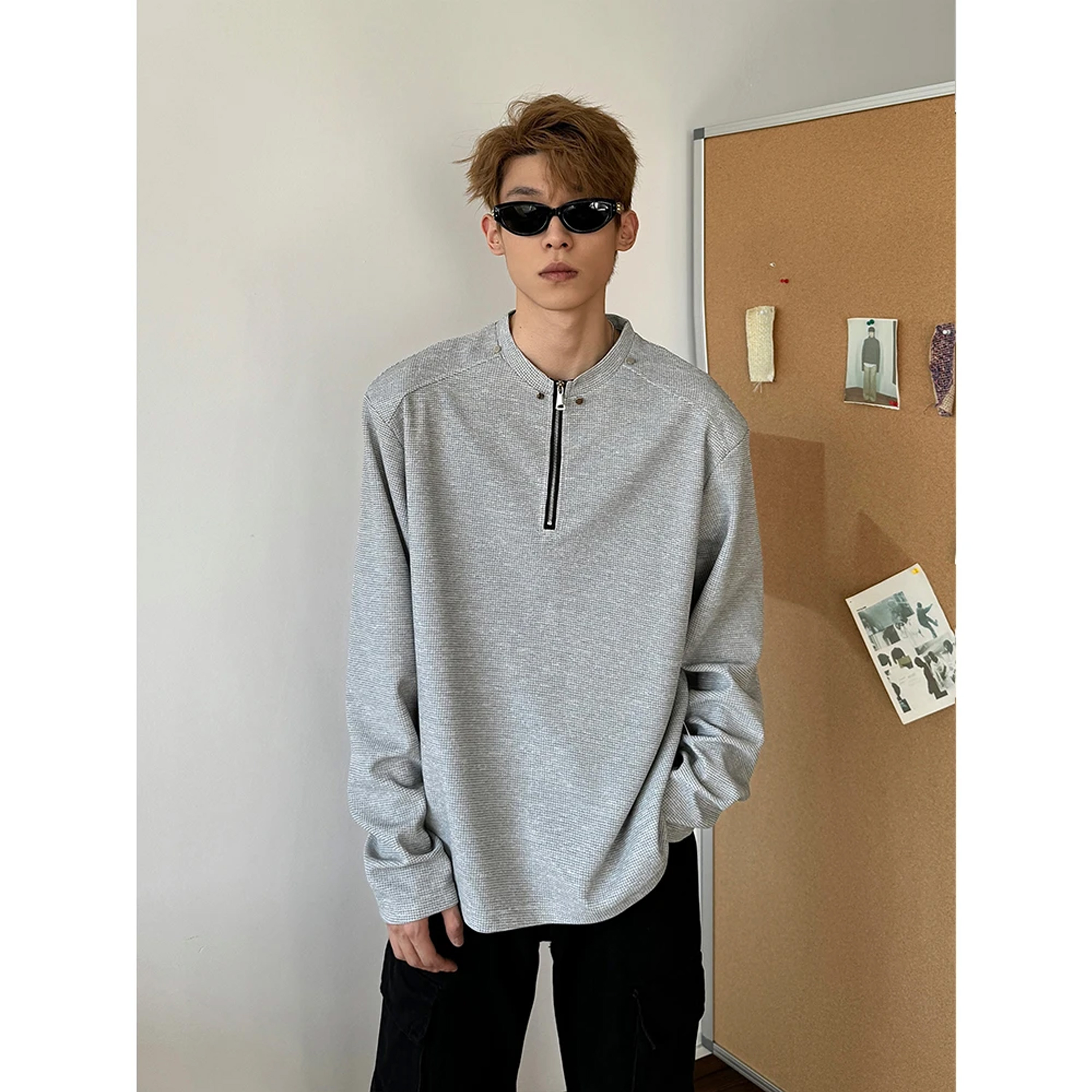 FOGEMMA美式复古半拉链垫肩T恤