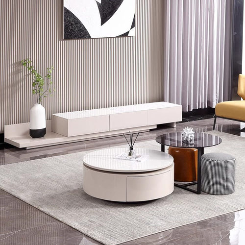 轻奢岩板茶几现代简约圆形可旋转家用客厅小户型创意茶几电视柜