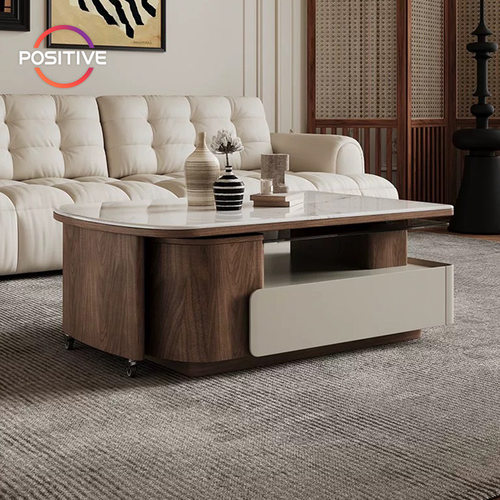 中古风微晶石方形茶几现代简约客厅家用小户型多功能伸缩储物茶几