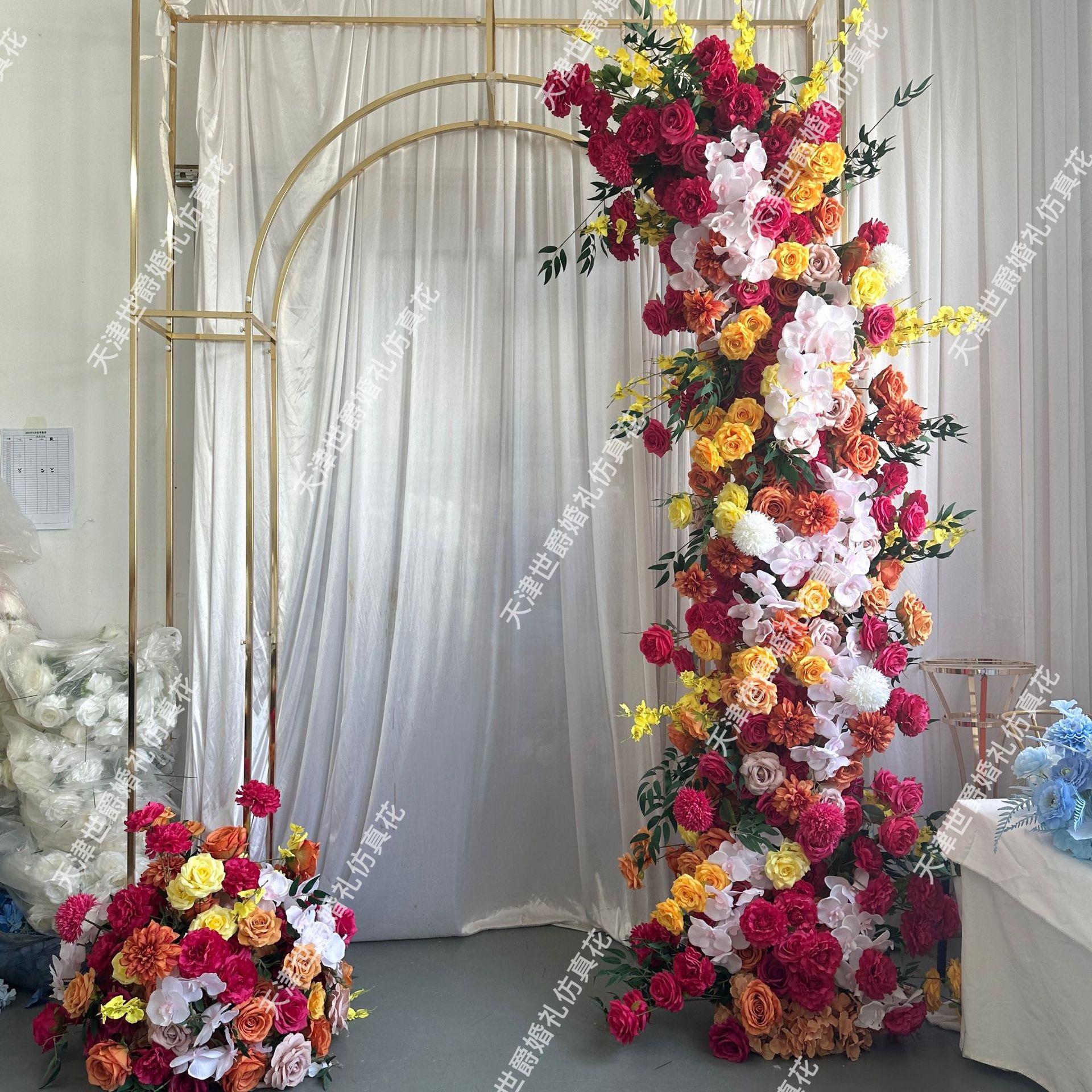 新款婚礼宴会厅布景道具仿真花花艺餐桌牛角架背景240+50cm拱门