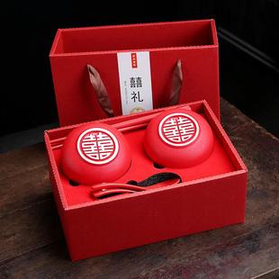 红色盖碗一对婚庆用品新人改口杯茶具对碗 敬茶杯结婚喜碗筷勺套装