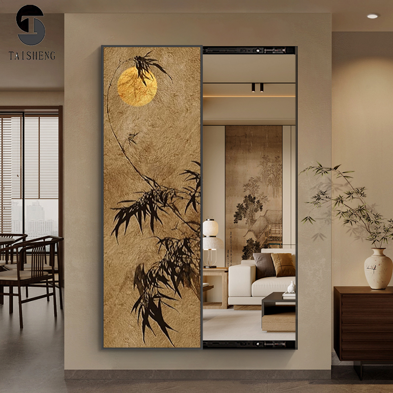 宋代美学入户门隐藏式全身镜中古竹子可推拉翻开 关闭暗藏式全身